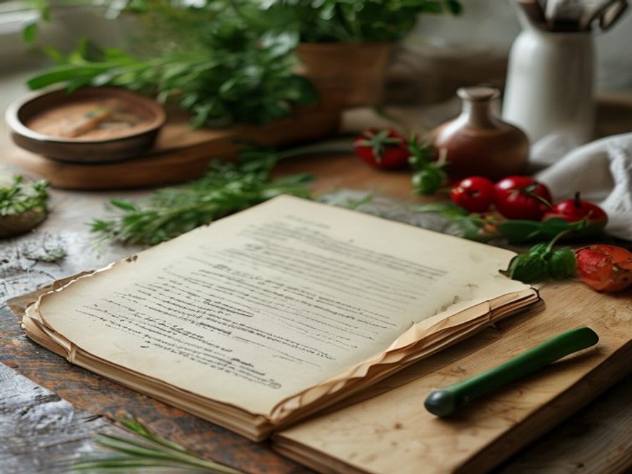 Kjøkkenbord med oppskriftsbok, ingredienser og tilberedningsutstyret