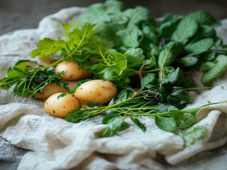 Friske grønnsaker og blomster på plate, vårkompoisjon