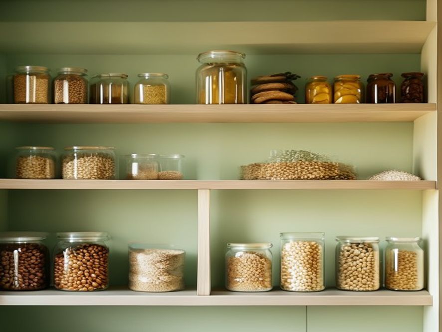 Pantry med glass og lagret mat, ordnet og merkede beholdere